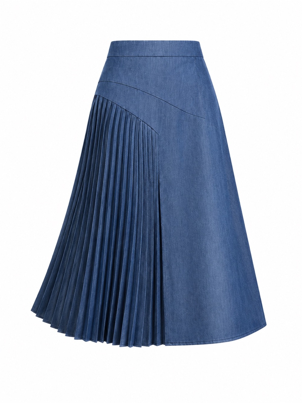 Mid-Length Blue Pleated Panel Midi Skirt